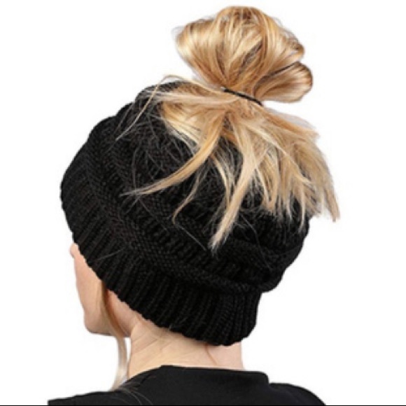 Youth Black Knit Ponytail Beanie - Picture 2 of 3